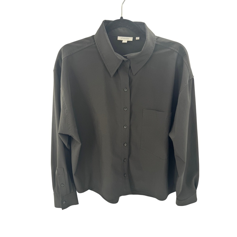 Chico's Button Down Shirt Size 14 Black Solid No Iron™ Stretch Casual